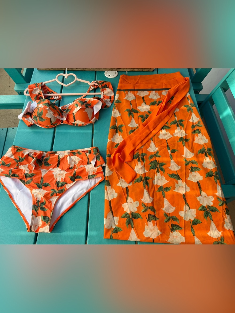 Orange Floral Bikini Set with Matching Sarong